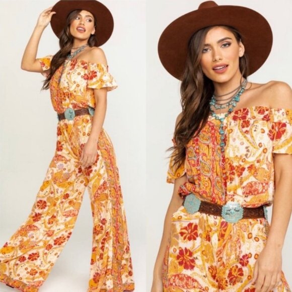 Free People Bohemian Wide Leg Orange Yellow Floral Jumpsuit Carmen Smock XS Boho - Picture 3 of 15